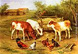 Edgar Hunt Canvas Paintings - Calves and Chickens feeding in a Farmyard